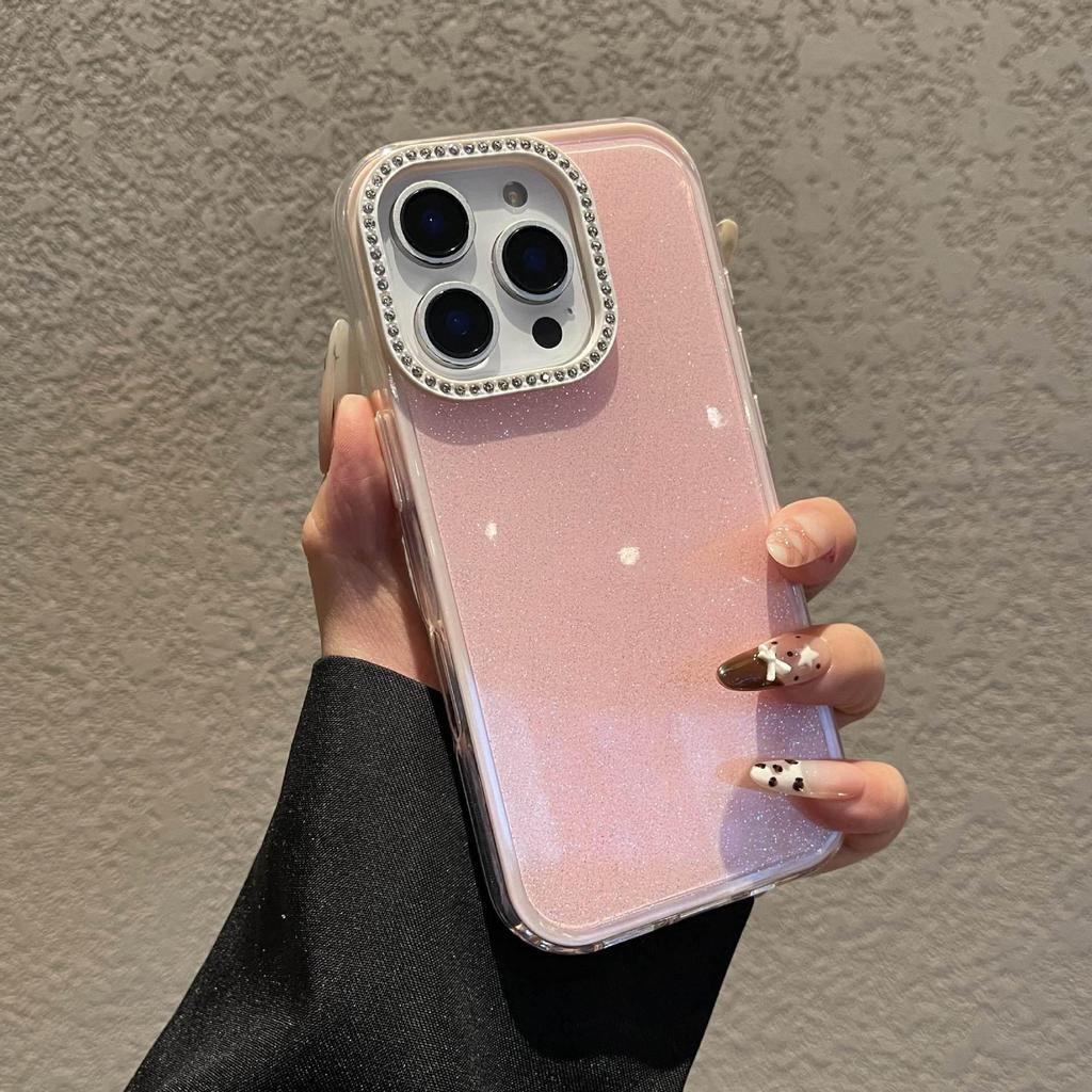 Custodia in Gel Glitterata Monocolore con Cornice Lente in Strass per iPhone 16 Pro Max