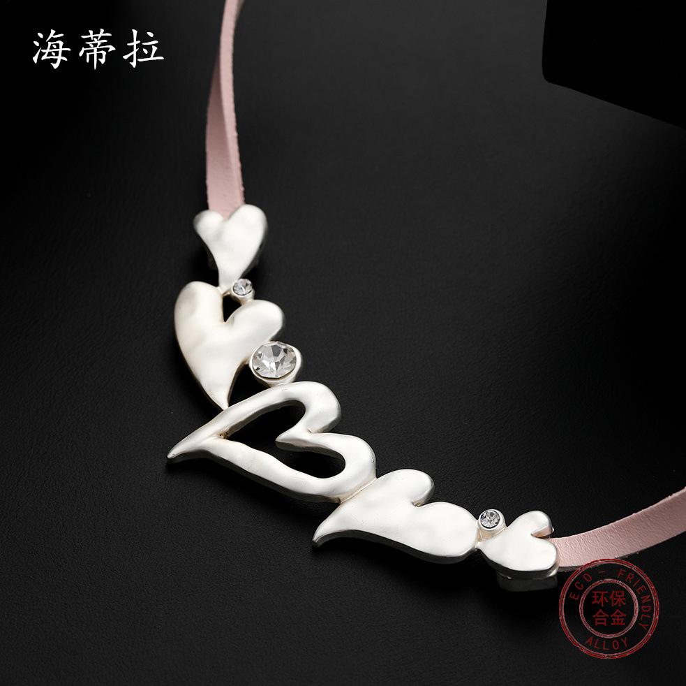 Love Hollow Diamond Leather Rope Necklace Dumb Silver Love Fashion Versatile Ladies Pink Leather Rope Necklace