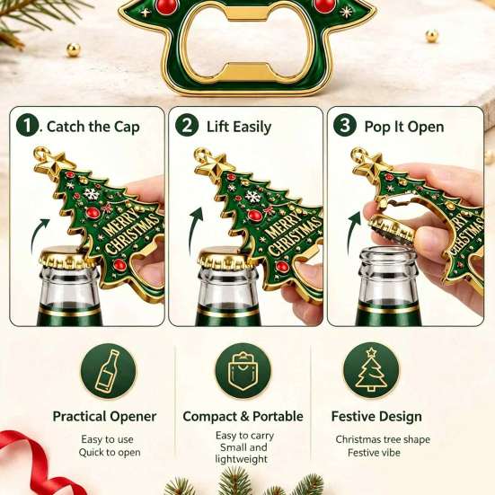 Magnetic Fridge Decor Christmas Tree Bottle Opener, Refrigerator Magnet, Heavy Duty Holiday Kitchen Tools Metal Beer Opener for Kitchen, Party Favors
