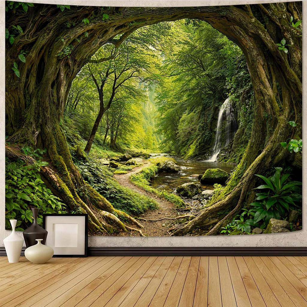 Misty Forest Tapestry, Serene Pine Trees With Sunbeams And Snowy Mountain Wall Art For Nature Lovers And Calm Room Decor