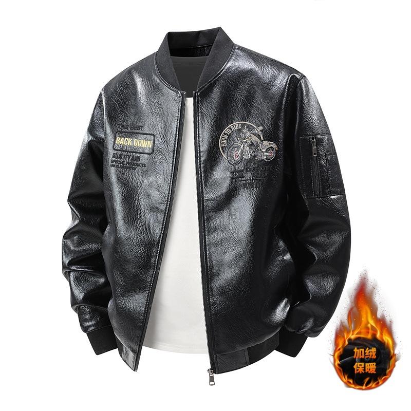 Locomotive Embroidery Men's Leather Jacket Large Size Soft Leather Baseball Collar Fleece Casual Loose Versatile Trendy Leather Jacket