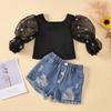 Toddler Baby Kids Girls Puff Sleeve Polka Dot Tops  Ripped Jean Shorts Outfits