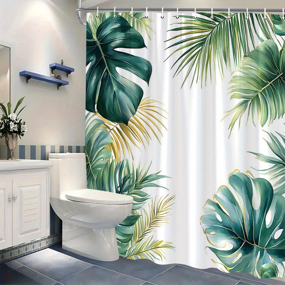 1 Tropical Monstera Leaf Shower Curtain -Vibrant Green, Yellow And Gold Pattern On White Background With Hooks, Machine Washable