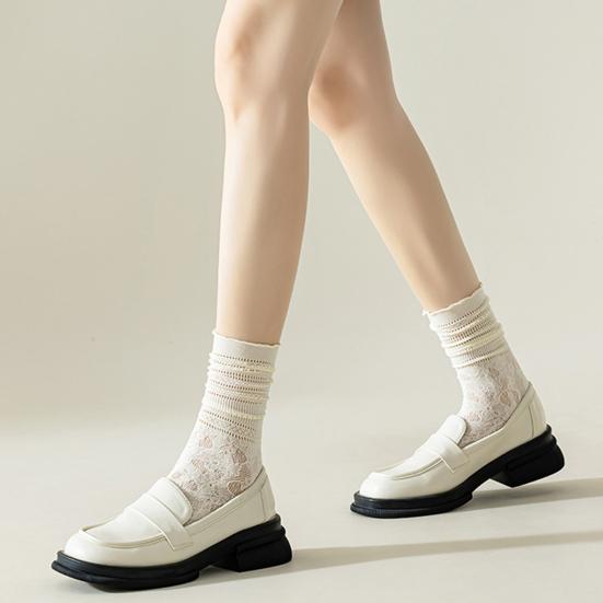 1 Pair Women Socks Hollow Lace Solid Color Mid-tube Thin Anti-slip High Elasticity Sweat-absorption Anti-shrink Daily Piled Socks