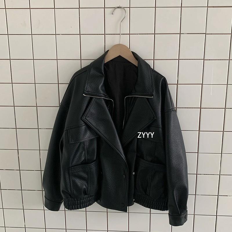 Womens Oversized PU Leather Jacket 2026 Casual Short Coat With Notched Collar Front Pockets