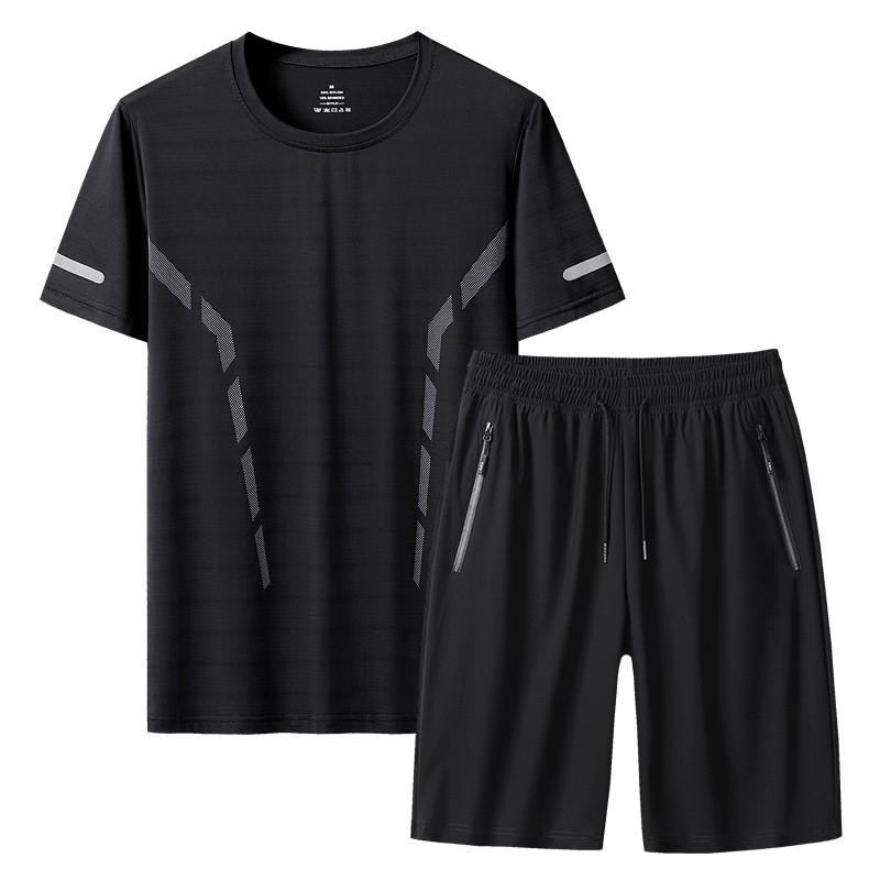 Mens Quick-Dry Sport Set Short Sleeve T-Shirt Pants Athletic Wear Lightweight Breathable Workout Outfit