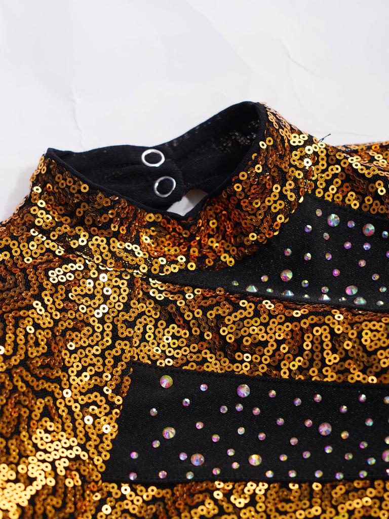 Mädchen Rollkragen Langarm Pailletten Strass Crop Top Cutout Rücken Druckknopf Tanz Top