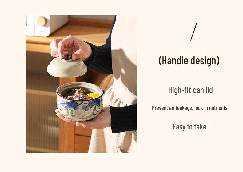 Retro Chinese Ink Wash Style Ceramic Stew Pot with Lid - Single Serving Double Boiler and Steamed Egg Bowl.