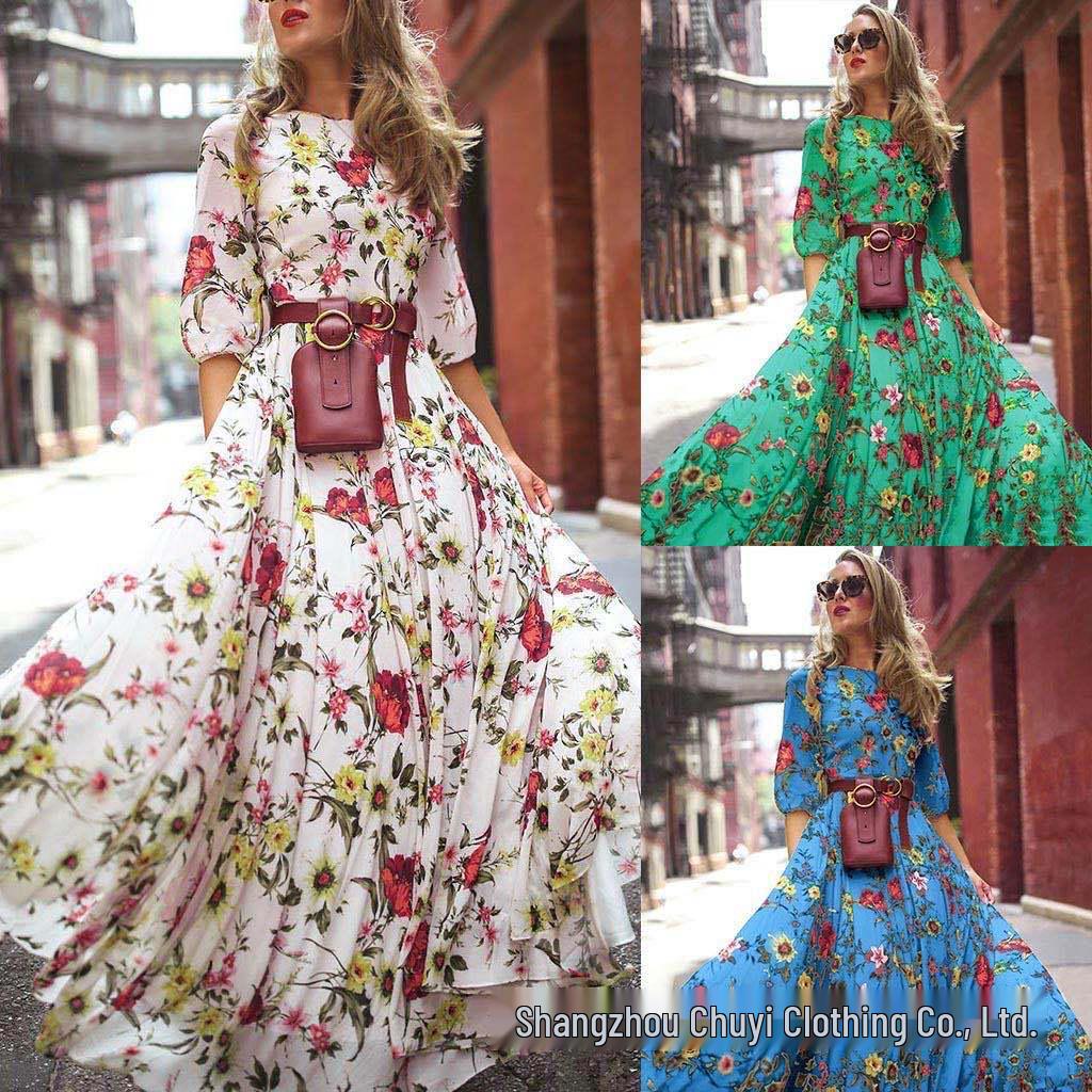 European and American Bohemian Holiday-Style Women's Evening Dress with Print