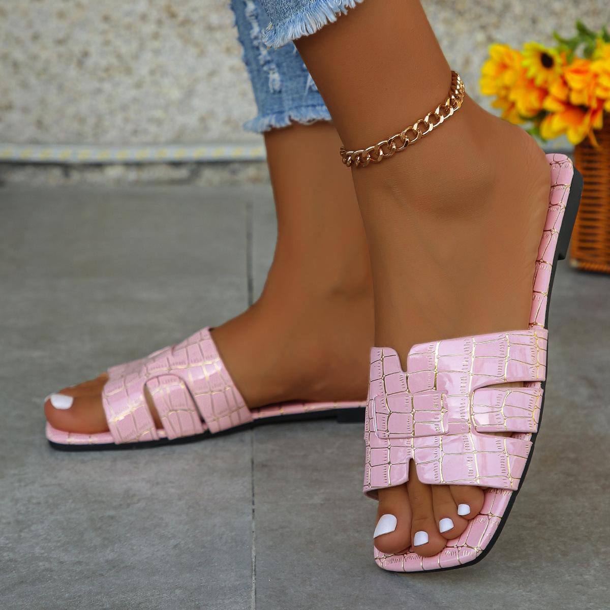 

Модные тапочки из искусственной кожи с каменным узором, женские летние дизайнерские сандалии на плоской подошве с квадратным носком, повседневная однотонная женская пляжная обувь, большой размер 38