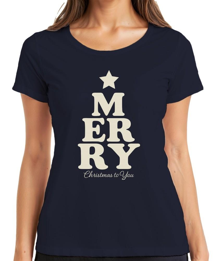 Merry Christmas Xmas Tree Gift Vintage Retro Ladies TShirt S