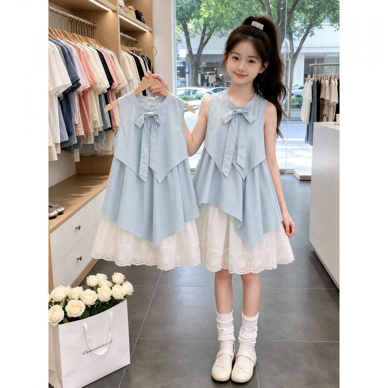 Girls Summer French Sweet Bow Tank Dress Middle Big Kids Princess Fairy Sundress 120