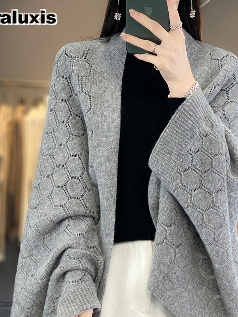 Autumn Winter Hollow Knit Open Cardigan Cape Shawl Outerwear Women Loose Korean Style Outfit with Cheongsam