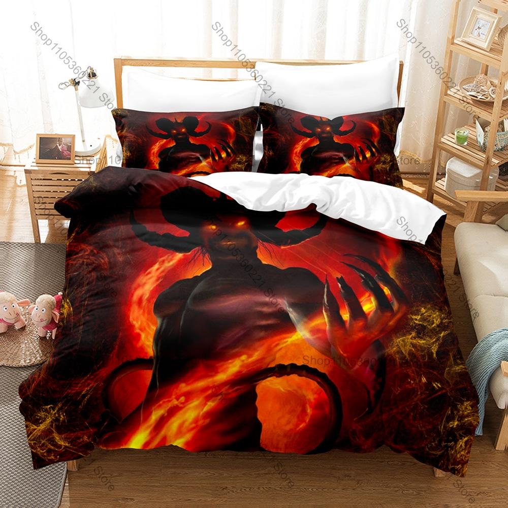 Demon Monster Skull Flame Dark Gothic Horror Fantasy Creature HD Print Bedding Set Duvet Cover 2 Pillowcases Gothic Horror Decor