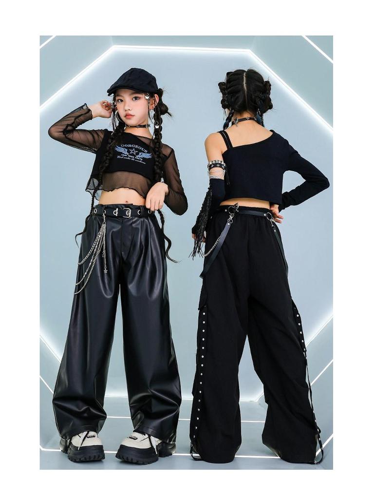 Completo da ballo jazz da ragazza: Top Corto a Maniche Lunghe in Rete con Bretelle, Costume da Esibizione Streetwear e da Passerella