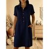 Damen Leinenmischung Hemdbluse Kurzarm Halbknopf Lässig Midi Kleid mit Taschen