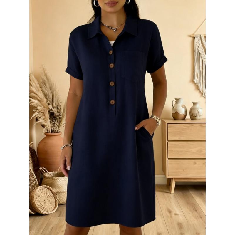 Damen Leinenmischung Hemdbluse Kurzarm Halbknopf Lässig Midi Kleid mit Taschen