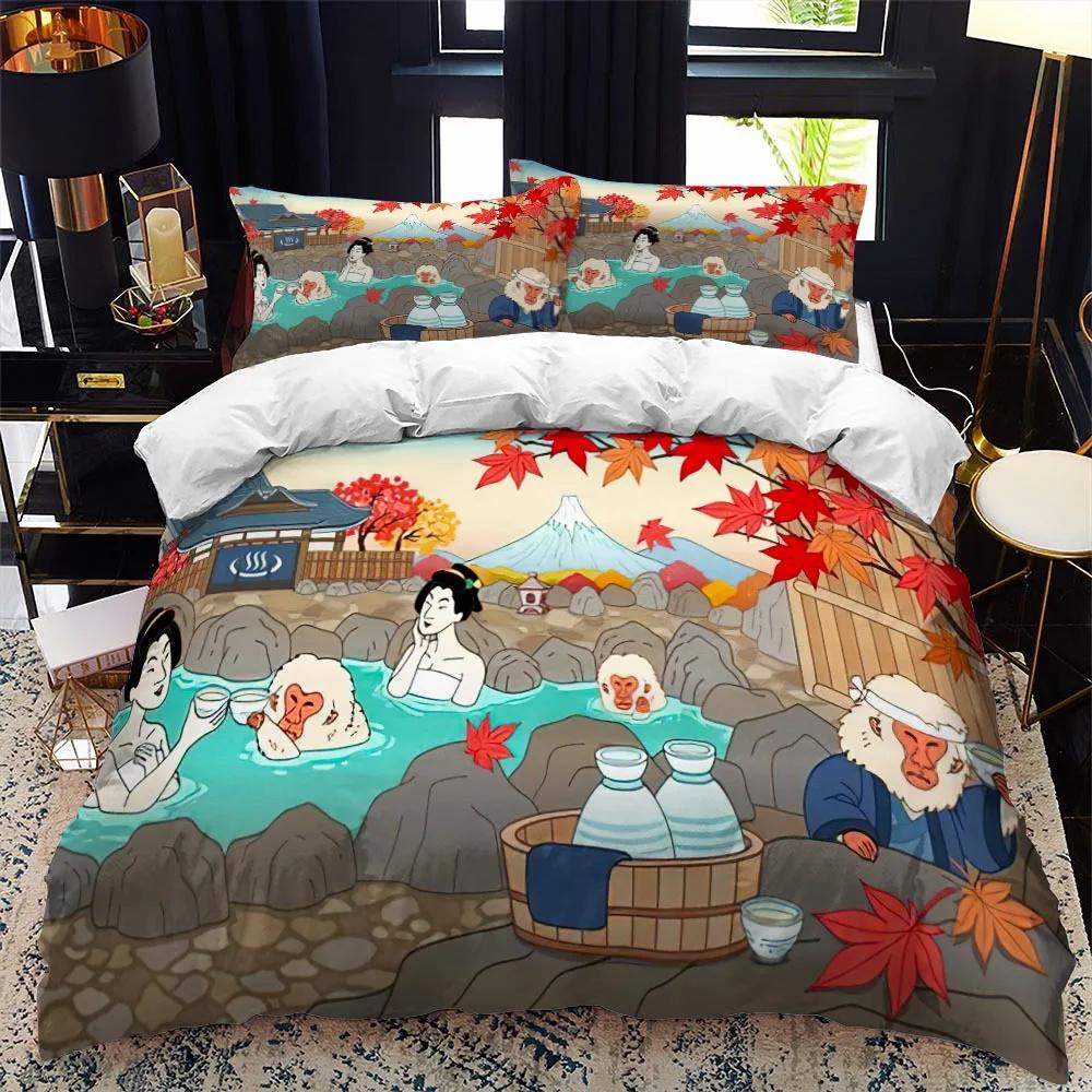 Dynetrekk i japansk stil King Queen Full størrelse Ukiyo-e-tema bølgemønster polyester sengetøysett Fuji Mountain Exotic Style