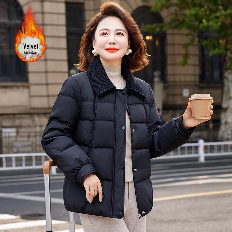 Mom s 2025 Winter Lapel Cotton Jacket - Stylish Padded Short Jacket for Middle-aged and Elderly Women XXXL (121-130 jin) чёрный