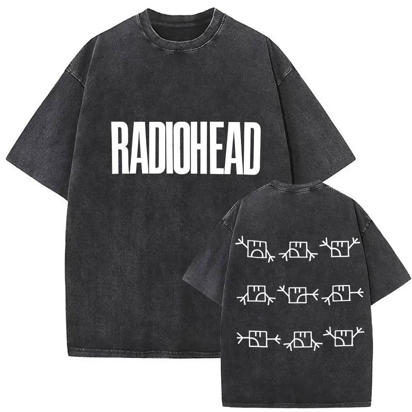 Vintage Washed Radiohead Tour  Print T Shirts Men Women Hip Hop Loose Pop British Rock Short Sleeve Tshirt Punk Streetwear