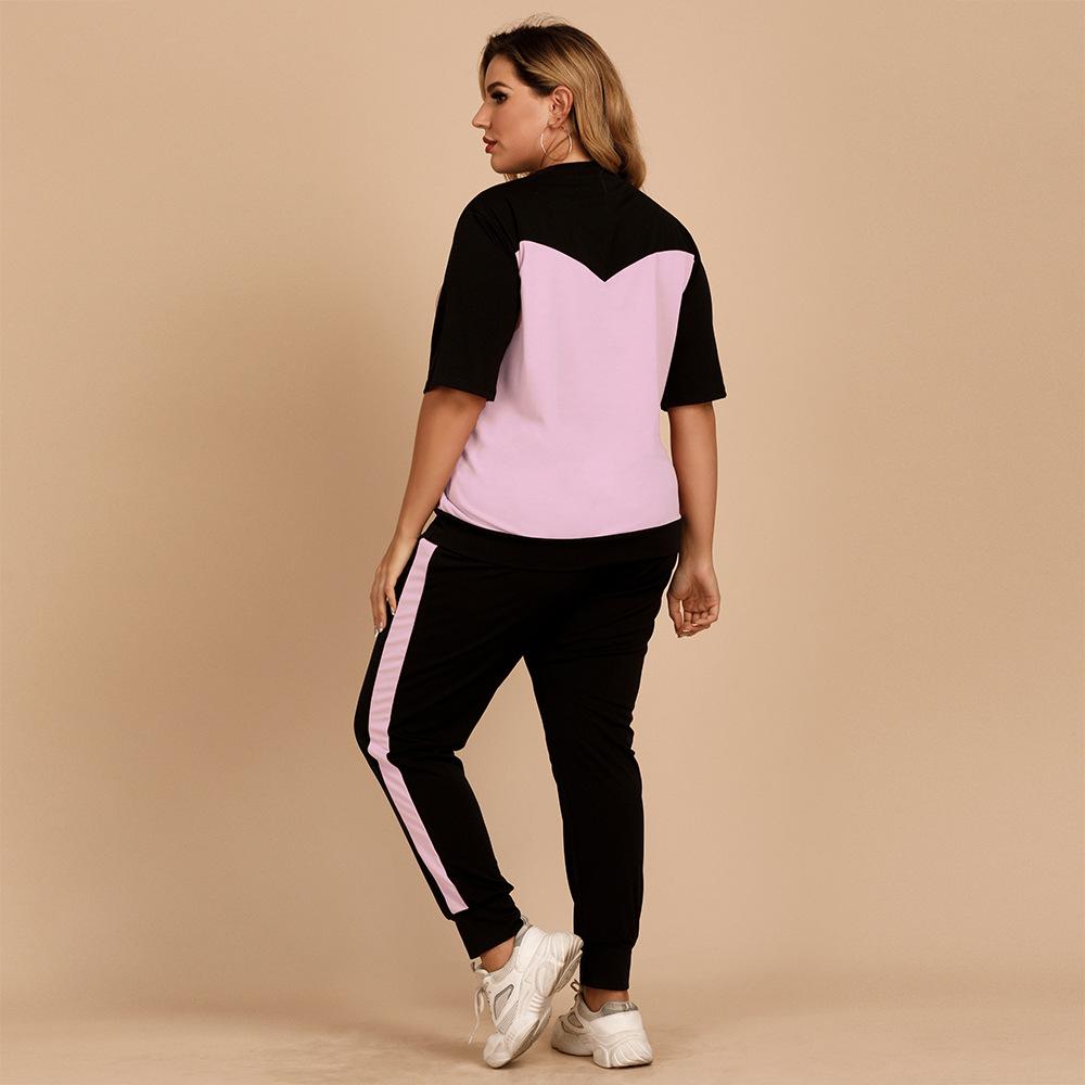 Large Size Women's T-shirt Pants Suit Summer Color Contrast Round Neck Shirt Elastic Waist Pants Loose Casual Sports Suit