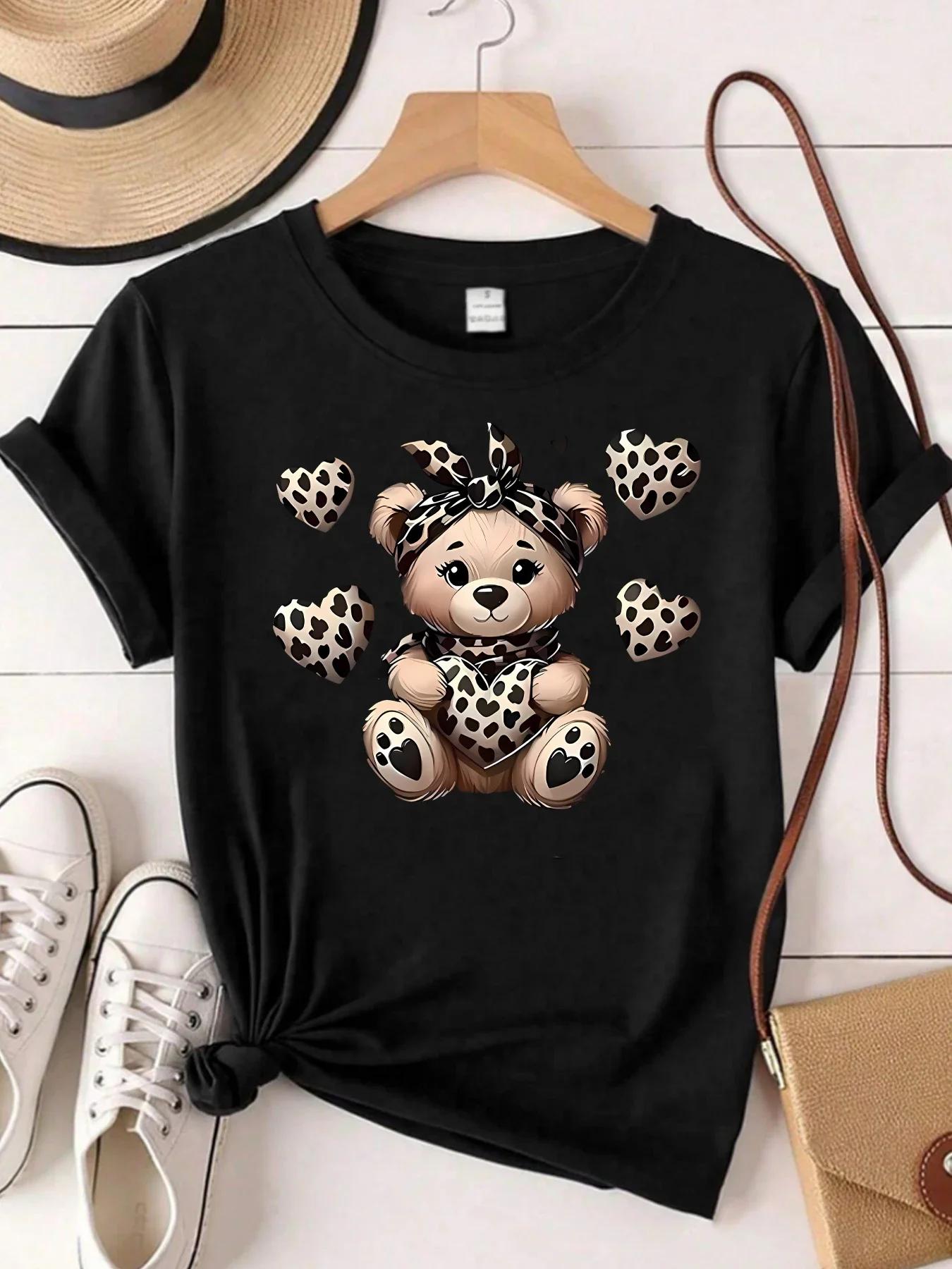 

Leopard bear pattern round neck size Women Tshirt short sleeve trend printing elastic half sleeveTshirt Women tops and bloues S