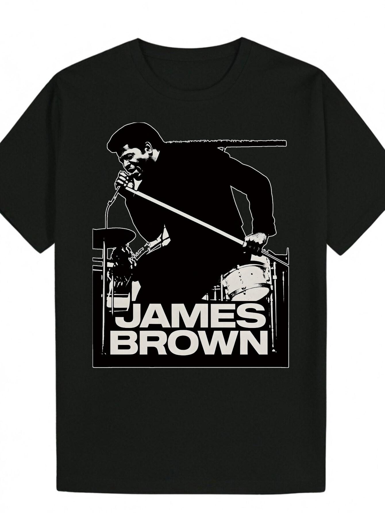

Casual Summer T-shirt - Black Polyester Portrait Print Tee with James Brown Design XL