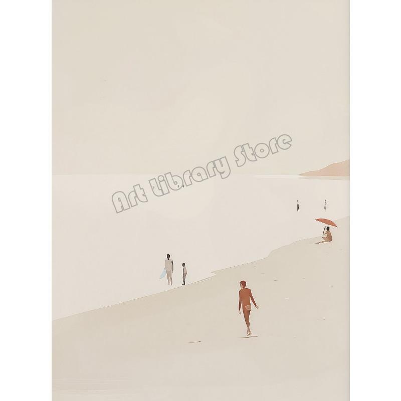 Retro Minimalist Beach Figure Swimming Surfing Poster Canvas Painting Wall Art Pictures Home Beach House Bathroom Decor