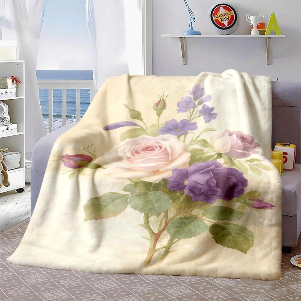 2026 New Arrivals 1pc Cartoon Flannel Blanket, Digital Print Pattern of Rose Bouquet, Soft, Warm, And Comfortable Throw for Sofa, Bed, Or Office, Perf