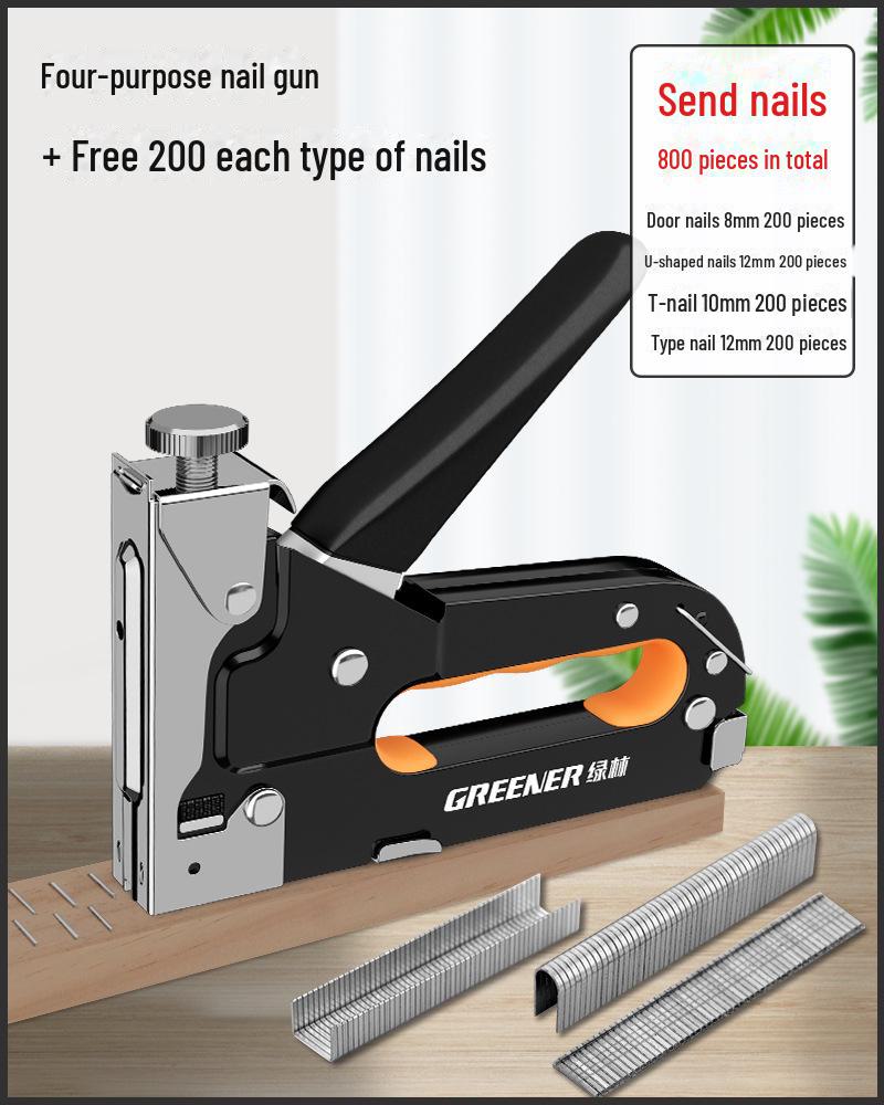 

Ручной гвоздезабивной пистолет для деревообработки Green Forest: Специальная дверь и степлер для домашней масляной живописи Four-purpose gun + 800 nails