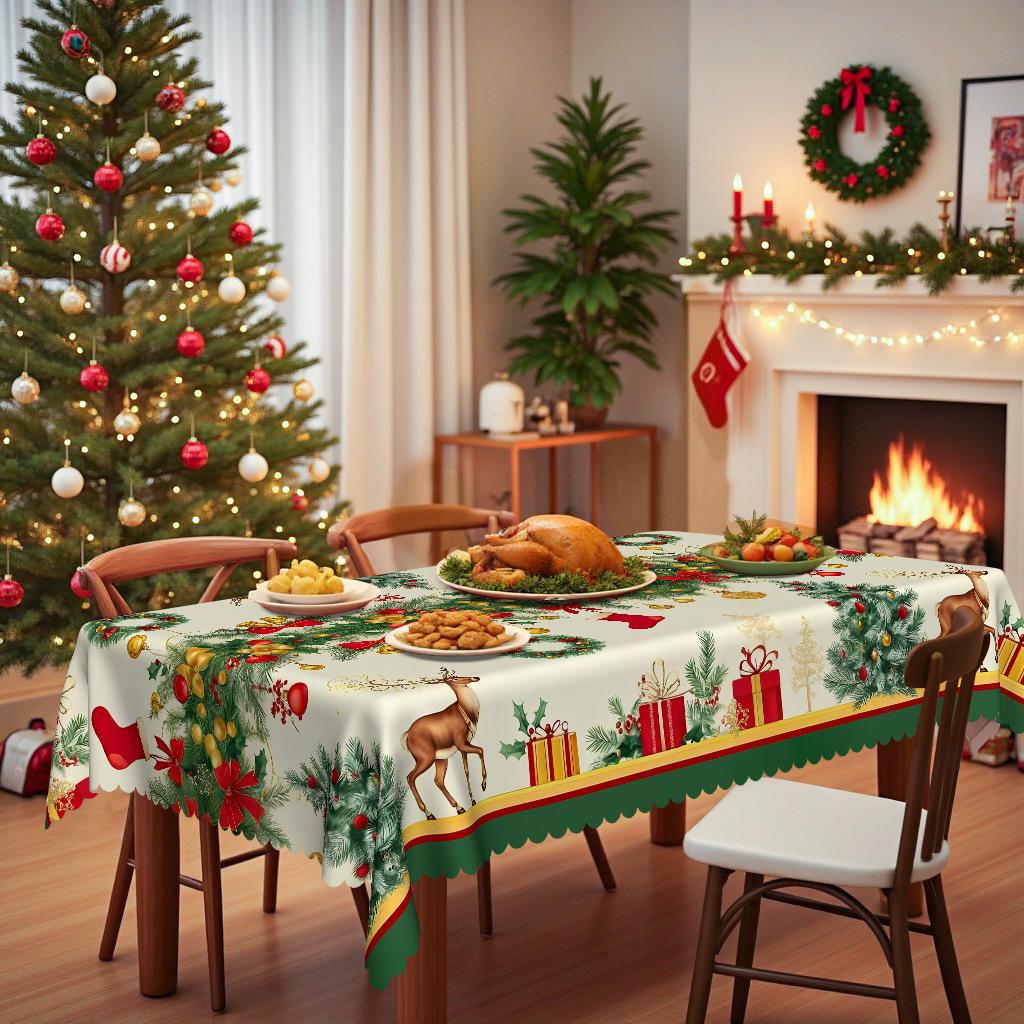 Christmas Tablecloth Bell Flower Print Waterproof Tablecloth Party Coffee Table Tablecloth, Holiday Decorative Tablecloth
