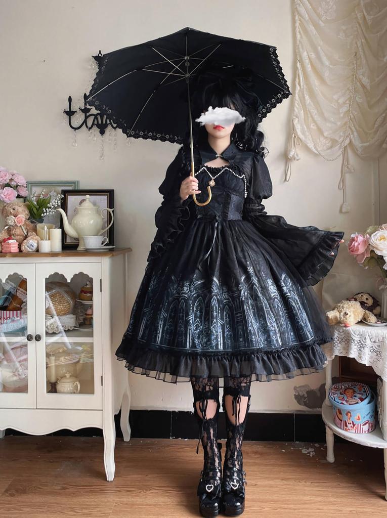 Gothic Lolita JSK Lolita Jumper Skirt with and Lace Up Sickly Princess Mori Princess Idol Size M [XHSUKADO] 2-Piece Cape, Ribbon, Dress, Women's