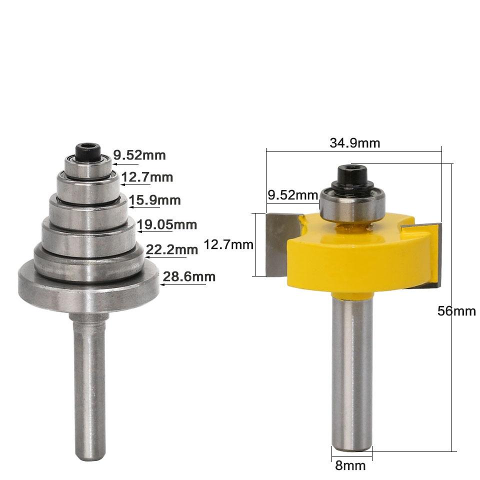 Rabbet Router Bit with 6 Bearings Set -1/2"H - 8mm Shank Woodworking Cutter Tenon Cutter for Woodworking Tools