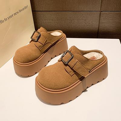 Winter Baotou Slippers Women's Fashion Round Head Deep Mouth Suede with Velvet Thick Sole Wedge Casual Shoes for Women