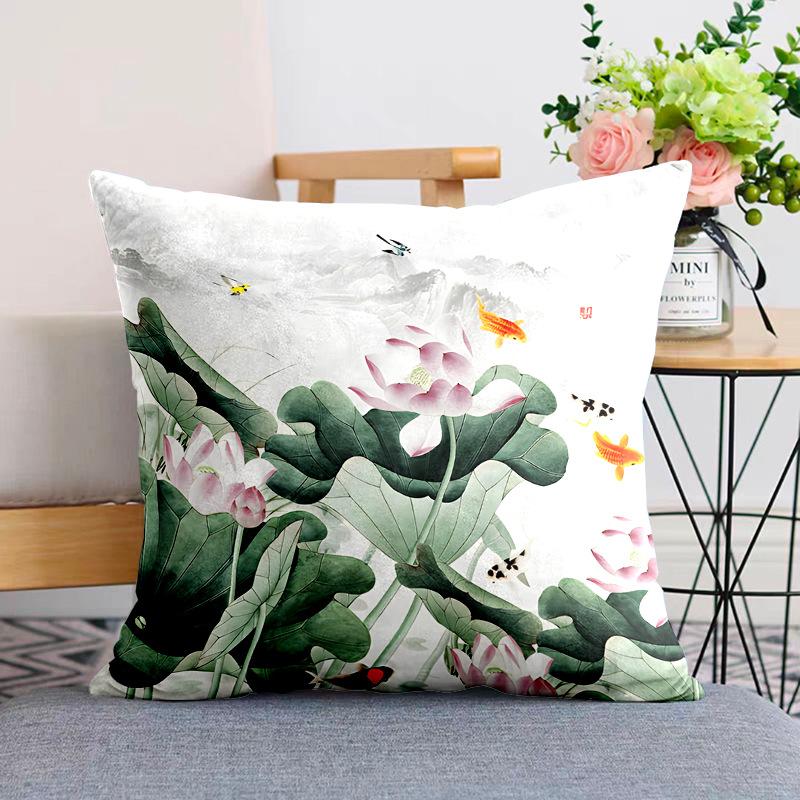 New Chinese Style Pillow Cushion Chinese Style Pillow Case Sofa Living Room Beige Lotus Zen Plush Back Pillow Case