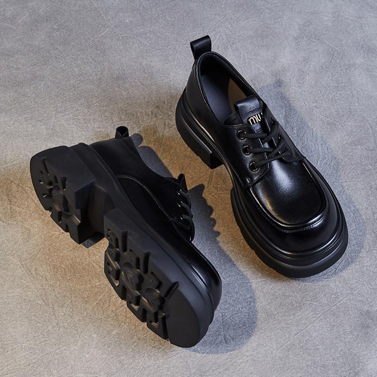 Johnature Thick Soled Genuine Leather Women's Shoes Versatile Lace Up British Style Height Increasing Pumps