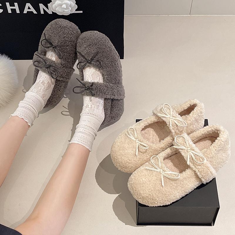Women Fur Flats Shoes Bow Suede Casual New Loafers Fashion 2026 Fashion Trend Winter Short Plush Walking Shoes Woman Shoes