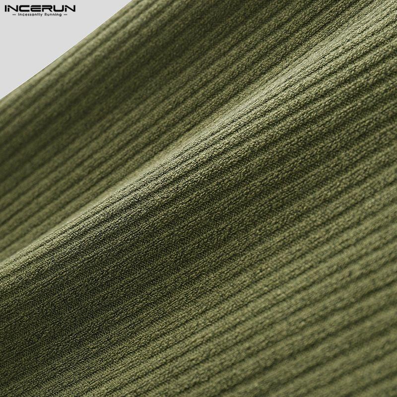 INCERUN Men High Neck Short Sleeve Casual Rib Fitted Tops T-shirts