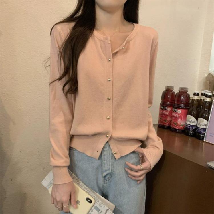 Herbst Koreanischer Stil Rundhals Cardigan Einreihiger Knopf Gestricktes Oberteil Weicher Wachsiger Schlankmachender Mantel für Damen