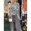 Women's Abstract Printed Chiffon Two Piece Bat Sleeve Top And Wide Leg Pants
