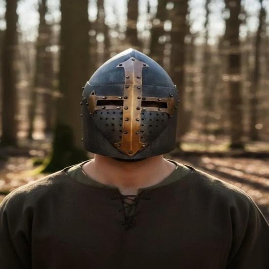 Antique Black Medieval Templar Helmet, Steel Crusader Knight Helmet with Bronze Cross for LARP SCA Reenactment Armor