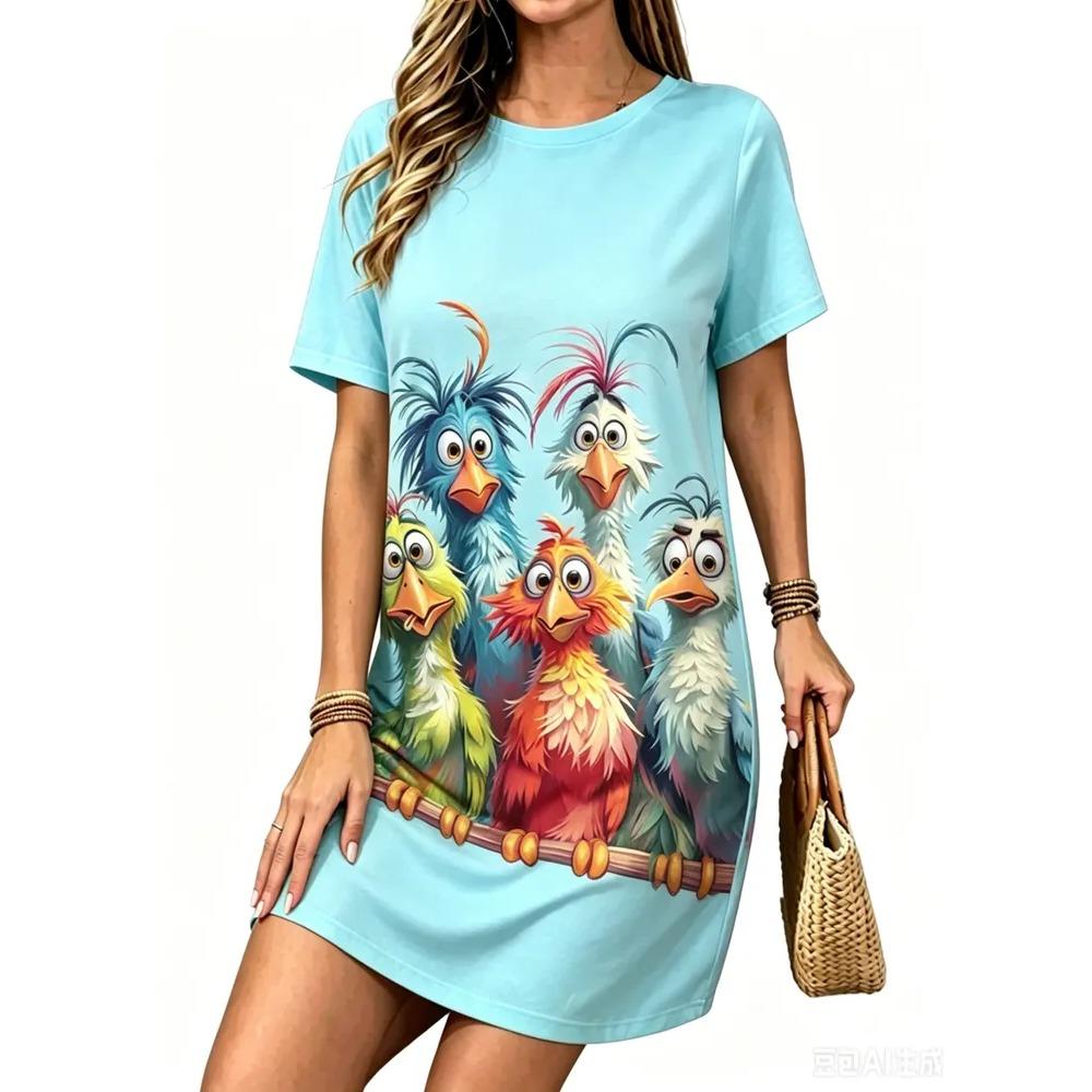 Summer Fashionable Colorful Cartoon Pattern Women Mini Dresses Short Sleeve Printed Plus Size Casual Comfortable Soft Dress