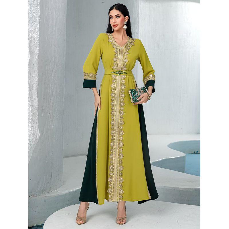 

Ближний Восток Новая Мода Элегантное Лоскутное Платье Вышивка Платье С Пэчворком Вышитое Платье Yellowish Green 2XL