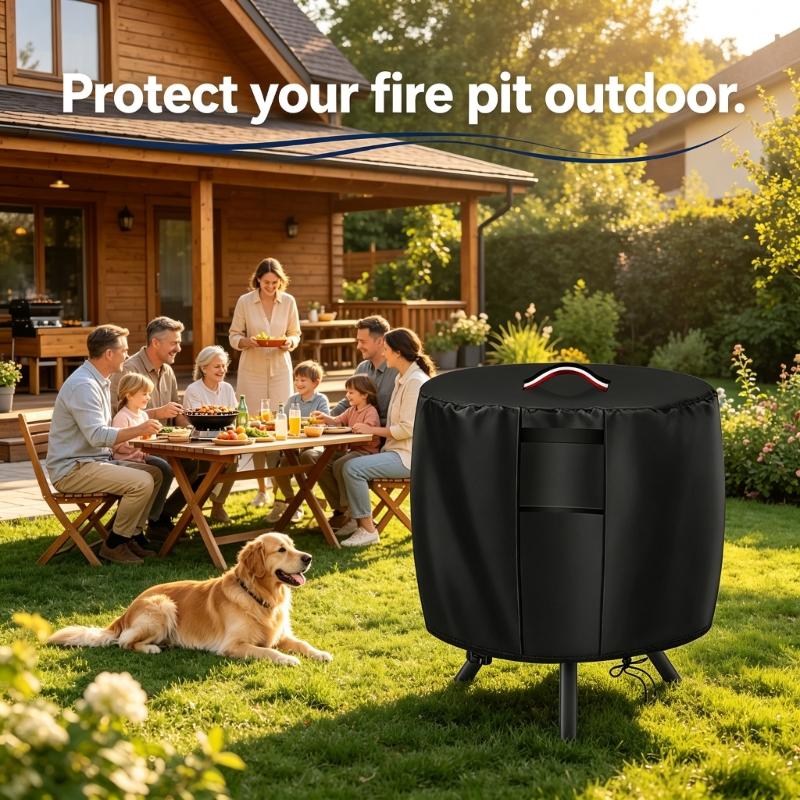 Moisture-Panel Round Fire Pit Cover with Bottom Drawcord, Upper Removal Handle and Black 420D Fabric for Yard Equipment Storage Between Gatherings