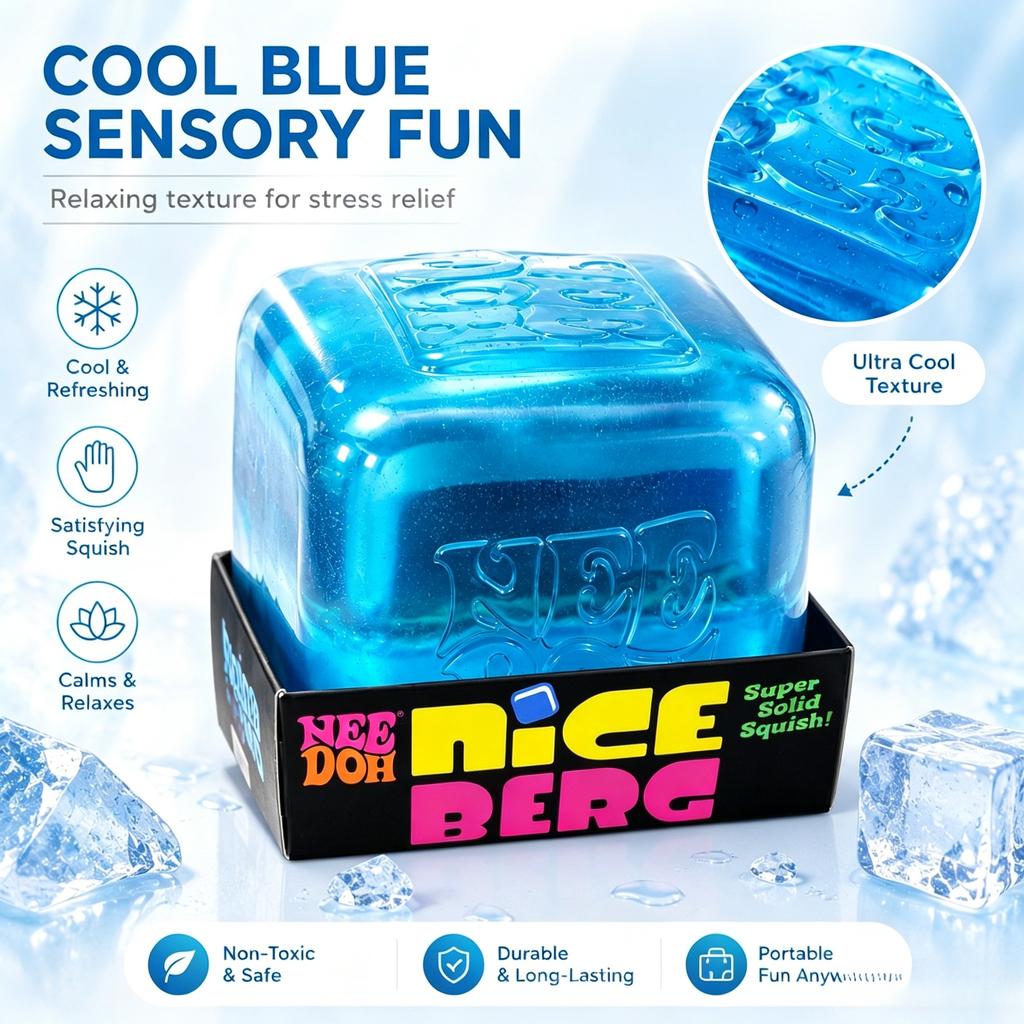 NeeDoh Niceberg 8CM Cube Stress Relief Sensory Toy Super Solid Squish Fidget Cube Cool Blue Relaxing Desk Toy Anxiety Relief Portable Gift for Kids