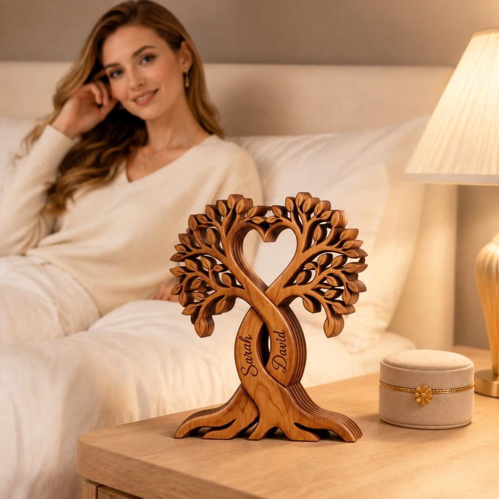 Personalisierte Holzbaumskulptur Herzform Paar Geschenk Individuell Gravierte Namen Holzdeko für Zuhause Büro