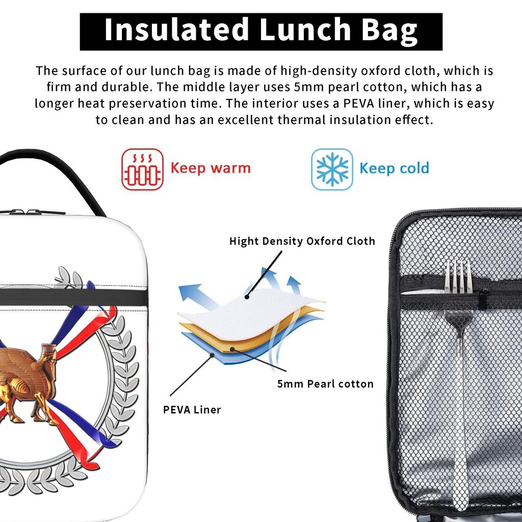 Assyrian Flag Lunch Bag School Lunch Box For Women Leisure Print Thermal Tote Handbags Waterproof Portable Zipper Cooler Bag