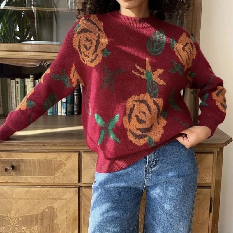 

Зимний женский свитер бордового цвета с круглым вырезом, теплый женский свитер оверсайз с цветами, трикотажный топ с длинными рукавами L