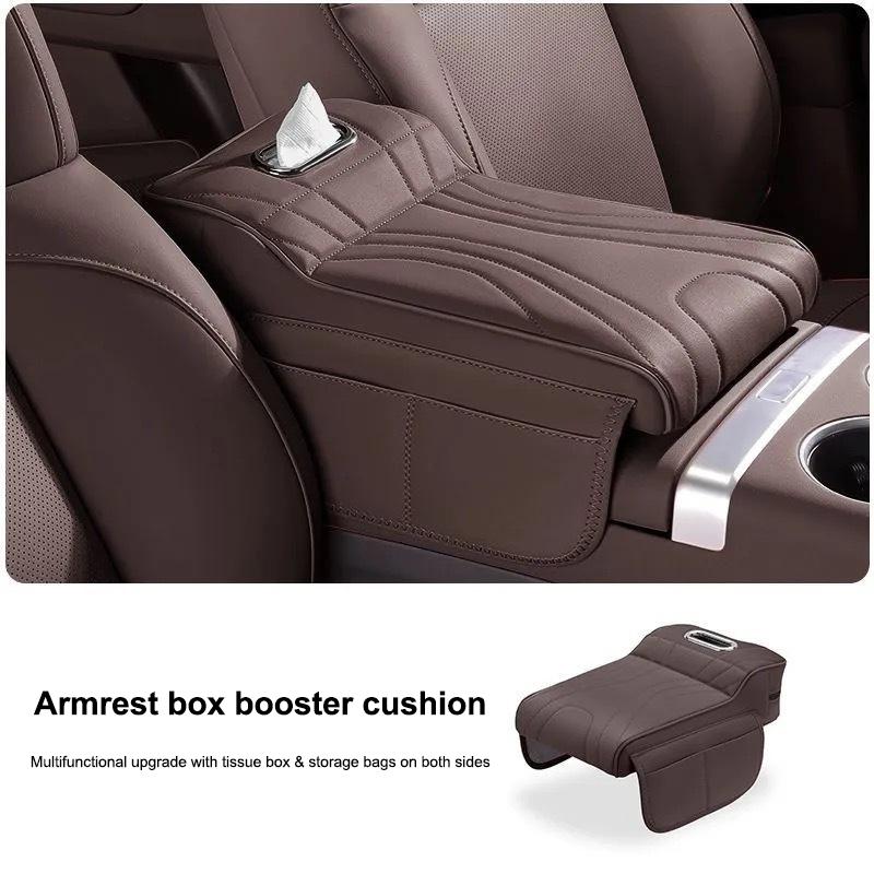 Car Center Console Armrest Cushion with Tissue Box Holder - Thickened Padding & Side Extension for Long-Drive Comfort