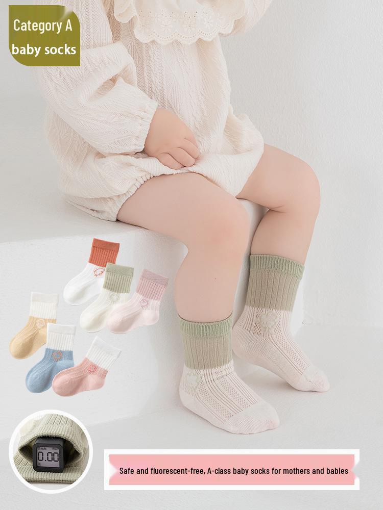 Class A Cotton Baby Socks - Breathable, Seamless, Loose Cuff, Mid-Calf Mesh for Newborns